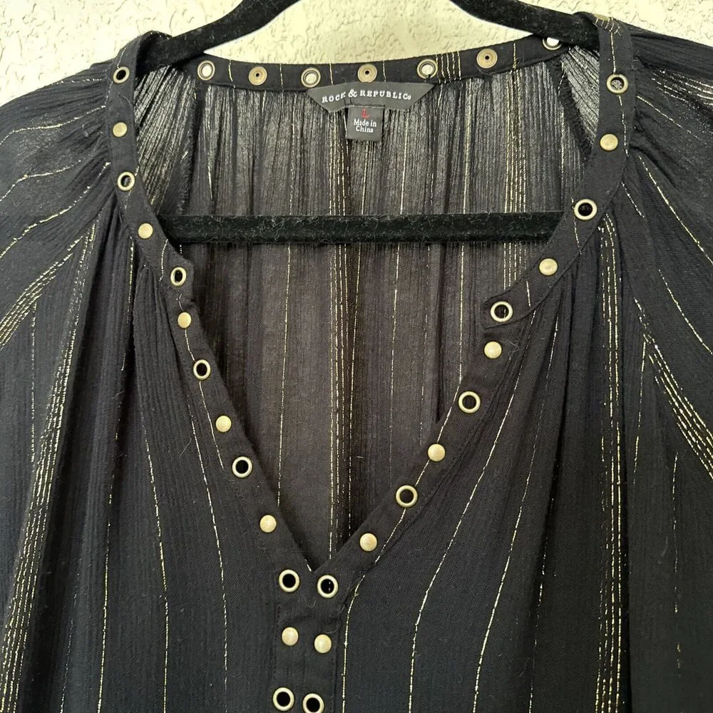Metallic Striped Top  Night Blouse Black Gold Long Sleeve V-neck Women’s Size L - Picture 7 of 14